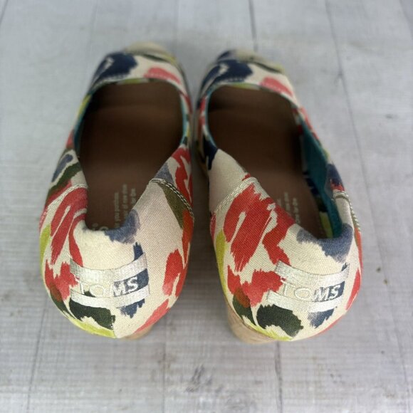 Toms STELLA Abstract Floral Canvas Peep Toe Cork Wedge Heel Slip On Shoes Size 9 - Picture 8 of 16